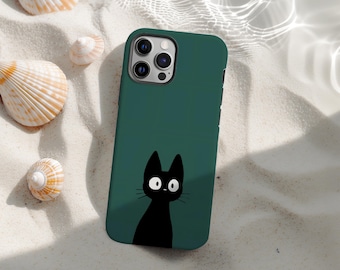 Cute Black Cat Phone Case, Dark Green Aesthetic Cute Kitty Cover for iPhone 17 16 15 14 13 12 11 Pro Max, Samsung S25 S24 Ultra