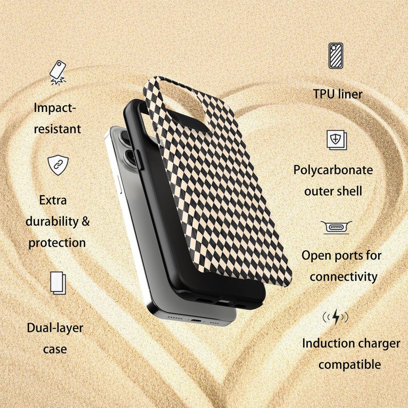 May include: A dual-layer phone case with a black and white checkered pattern. The case is impact-resistant and features a TPU liner and polycarbonate outer shell. It is designed for extra durability and protection, with open ports for connectivity and induction charger compatibility.