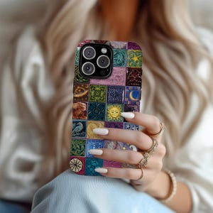 Whimsigoth Tile Phone Case, Sun Moon Star Patchwork, Celestial Floral Ceramic Tile, iPhone 18 17 16 15 14 13 12 11, Samsung S30 S26 S25 S24