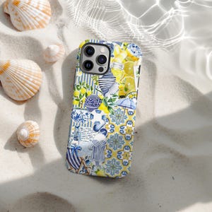 Lemon Blue Tile Handyhülle, Summer Beach Vibes Handyhülle, Mediterran Keramik Muster, iPhone 16 15 14 13 12 11 Pro Max
