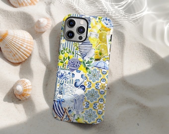 Funda para teléfono con diseño de azulejos azul limón, con ambiente playero veraniego, diseño cerámico mediterráneo, para iPhone 16, 15, 14, 13, 12 y 11 Pro Max