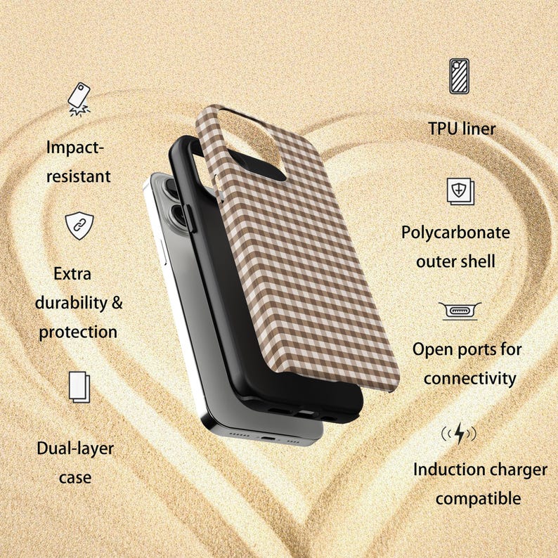 May include: A dual-layer phone case with a brown and white checkered pattern. Features include a TPU liner, polycarbonate outer shell, and open ports. The case is impact-resistant, offers extra durability and protection, and is induction charger compatible.