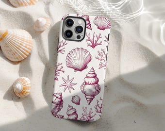 Pink Seashells Summer Phone Case for iPhone 16 15 14 13 12 11 Pro Max, Beachy Costal Italian Summer, MagSafe Case For iPhone