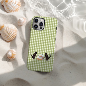 Mobilskal med gröna ginghamkatter, kawaii kattmobilskal, söta svarta katter och soppgryta-design, iPhone 17 16 15 14 13 12 Pro Max, Samsung S25 S24