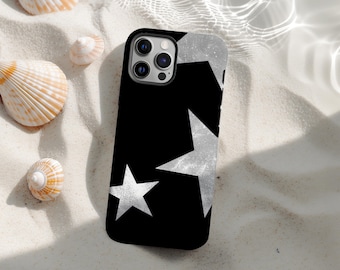 Black Star Phone Case, Silver Sparkle Star Pattern Y2K Night Aesthetic Cover for iPhone 17 16 15 14 13 12 11 Pro Max, Samsung S25 S24 Ultra