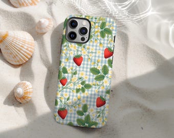Strawberry Gingham-telefoonhoesje, Cottagecore-telefoonhoesje met bloemen voor iPhone 16 15 14 13 12 11 Pro Max, vintage esthetische hoes