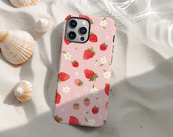Flower Strawberry Phone Case, Trendy Fruit Pink Berry Cover for iPhone 17 16 15 14 13 12 11 Pro Max, Fruit Lover Gifts