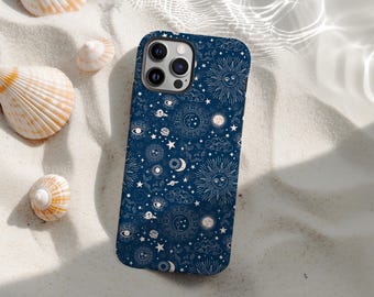 Blue Night Moon Phone Case, Starry Sky Phone Case Dark Blue Night Aesthetic Celestial Stars Cover for iPhone 17 16 15 14 13 12 11 Pro Max
