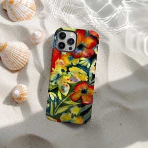 May include: A phone case with a vibrant floral watercolour design in red, yellow, and green. The case is on white sand, surrounded by seashells. The case has a glossy finish. The design evokes a summery feel.