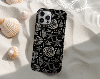 Retro Seashell & Starfish Phone Case, Nautical Beachy Tropical Phone Cases, Gold Line Art Ocean Cover for iPhone 17 16 15 14 13 12 Pro Max