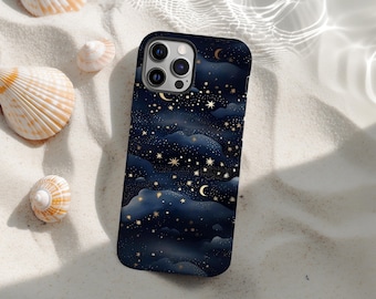 Starry Sky Phone Case, Dark Clouds with Stars, Blue Night Moon Aesthetic Celestial Stars Cover for iPhone 17 16 15 14 13 12 11 Pro Max