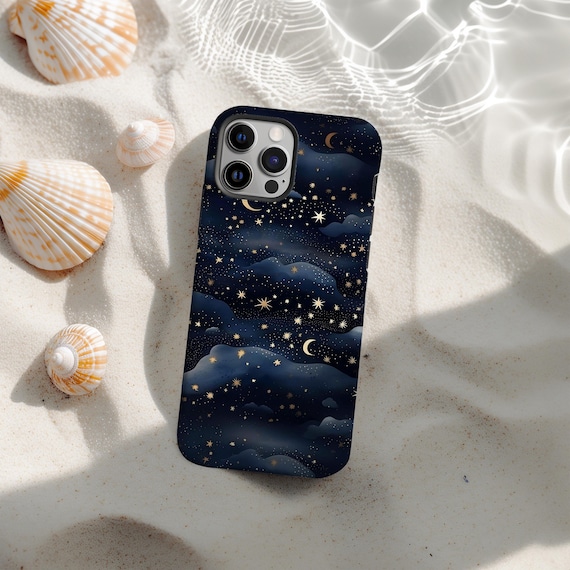 Starry Sky Phone Case, Dark Clouds with Stars, Blue Night Moon Aesthetic Celestial Stars Cover for iPhone 17 16 15 14 13 12 11 Pro Max