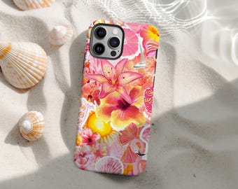 Hibiscus Seashell Phone Case, Cute Summer Tropical Florals Pattern Compatible with Magsafe, iPhone 17 16 15 14 13 12 11 Pro Max