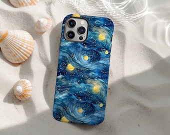 Blue Night Moon Phone Case, Starry Sky Swirl Phone Cases, Stars & Clouds Design Phone Cover for iPhone 17 16 15 14 13 12 11 Pro Max