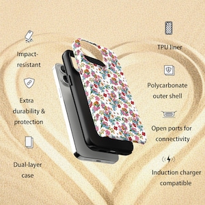 Blommigt flickigt telefonskal, söt blomdesign, retro chica accessoarer, iPhone 16 15 14 13 12 11 Pro Max, blommig teknikgåva bild 8