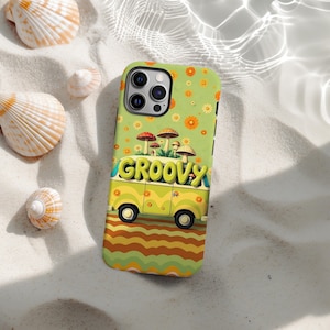 May include: A green phone case featuring a yellow van with the word "GROOVY" in large, colorful letters. The van has a mushroom design on top. The case is decorated with orange flowers and a wavy pattern.