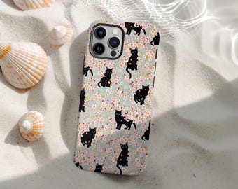 Black Cat Floral Phone Case, Cute Sakura Kitty Pattern Artistic Cover, Vintage Japanese Whimsical, iPhone 17 16 15 14 13 12 11, Samsung S25