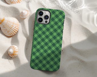 Green Gingham Plaid Phone Case, Minimalist Checkered Pattern Cover for iPhone 16 15 14 13 12 11 Pro Max, Cottagecore Retro Aesthetic Gift