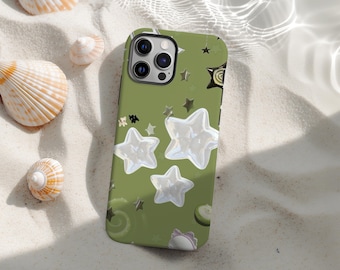 Green Star Y2K Phone Case, Glossy Jelly Star Aesthetic Cover, Retro Cute Summer Whimsy Design For iPhone 17 16 15 14 13 12 11, Samsung S25