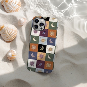 Maan en zon mozaïek vierkant iPhone-hoesje voor iPhone 16 15 14 13 12 11 Pro Max X XS X Aesthetic iPhone Tough Cover