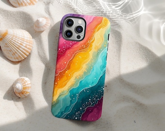 Schillernde Regenbogen gewellte Handyhülle, Abstrakte Flüssigkeit MagSafe Magnetische Hülle Full-Wrap Kunst Einzigartiger Druck iPhone 17 16 15 14 13 12 11 Pro Max Geschenk