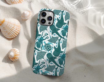 Ocean Marine Life Phone Case iPhone 16 15 14 13 12 11 Pro Max, Sea Turtle Octopus Whale Stingray Pattern, Beach Summer Coastal Vibes Cover