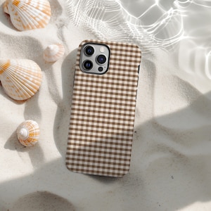 Brown Gingham Phone Case, Retro Checkered Phone Cases, Vintage Plaid Aesthetic Cover for iPhone 17 16 15 14 13 12 11 Pro Max, Gift for Her