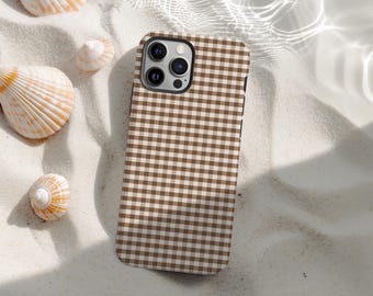 Brown Gingham Phone Case, Retro Checkered Phone Cases, Vintage Plaid Aesthetic Cover for iPhone 17 16 15 14 13 12 11 Pro Max, Gift for Her
