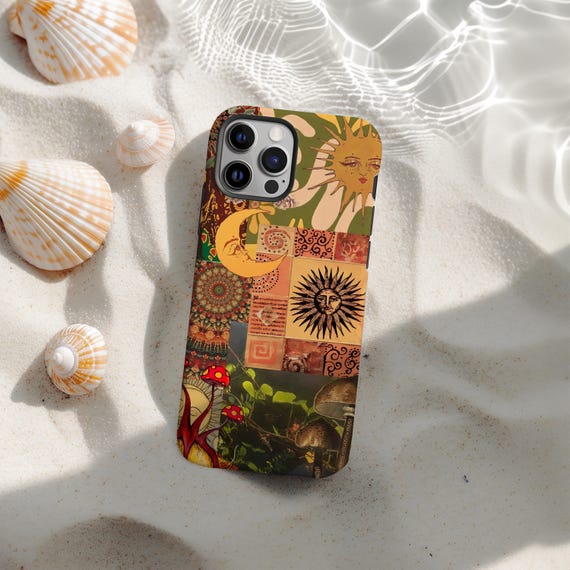 Boho Sun & Moon Phone Case, Hippie Psychedelic Art Design, Vintage Aesthetic Phone Cover for iPhone 17 16 15 14 13 12 11 Pro Max X XS XR