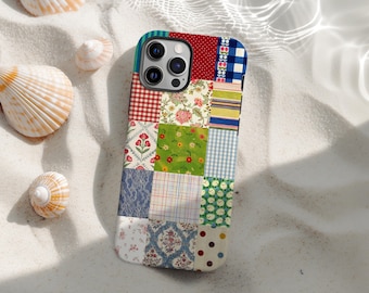 Vintage plaid patchwork case with quilted style, Patchwork Phone Case, Cottagecore Floral Gingham Retro Cover, iPhone 17 16 15 14 13 12 11