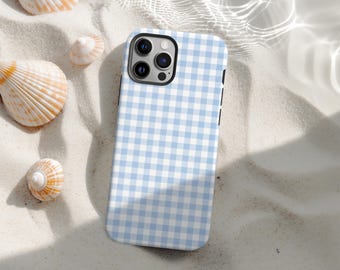 Blue Gingham Phone Case, Pastel Checkered Pattern Cover, Stripe Plaid Phone Case, Collage Case Cover, iPhone 17 Pro Max 16 15 14 13 12 11