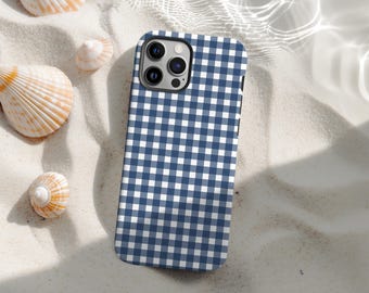 Blue Stripe Plaid Phone Case, Gingham Phone Collage Case Cover, Blue Plaid Phone Case, iPhone 17 16 15 14 13 12 11Pro Max, Samsung S25 S24