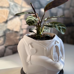 Könnte beinhalten: Ein weißer Keramik-Blumentopf in Form eines Arztkittels, komplett mit Stethoskop und Knöpfen. Er enthält eine grüne Pflanze mit gestreiften Blättern und einem dunklen Stiel, auf einem schwarzen Sockel.