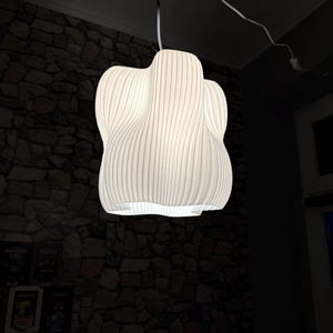 Può includere: Una lampada a sospensione bianca di forma organica. La lampada ha un design plissettato strutturato con linee verticali. È appesa a un cavo bianco contro un muro di pietra scura. La luce è accesa.