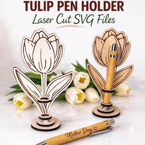 Lasergeschnittener Stiftehalter (SVG) | Tulpenförmiger Stiftehalter (SVG-Datei) | Schreibtisch-Organizer aus Holz in Blumenform | Stiftehalter-Vorlage | Muttertag