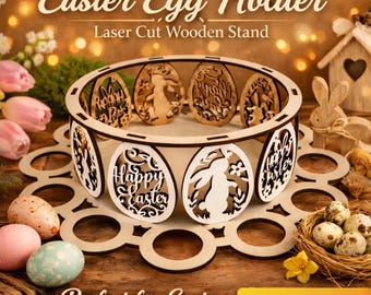 Porta uova di Pasqua | Supporto per uova tagliato al laser | Cestino per uova di Pasqua in legno | File CNC Glowforge | Decorazione pasquale con uova | File per taglio laser di Pasqua