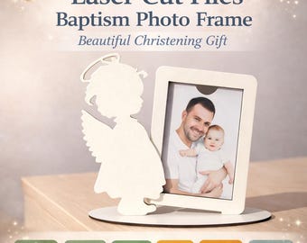 Cornice tagliata al laser | Cornice portafoto personalizzata per battesimo con angelo | Regalo per battesimo dai padrini | Ricordo del battesimo del bambino | Cornice in legno tagliata al laser