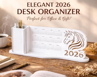 Organizzatore da scrivania a forma di cavallo 2026 con taglio laser | Organizzatore calendario in legno SVG | Organizzatore da scrivania con taglio laser | File Glowforge | Calendario a forma di cavallo SVG