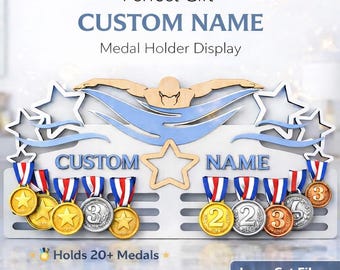 Porta medaglie SVG, espositore per medaglie personalizzato con nome, file per taglio laser, porta premi sportivi per bambini, espositore per medaglie tagliato al laser, download immediato