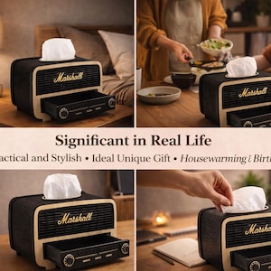 May include: A black and tan tissue box with a retro radio design, featuring the "Marshall" logo. The box has a drawer and a top opening for tissues. The text "Significant in Real Life" is also visible.