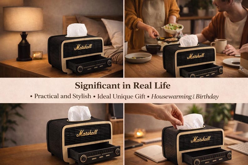 May include: A black and tan tissue box with a retro radio design, featuring the "Marshall" logo. The box has a drawer and a top opening for tissues. The text "Significant in Real Life" is also visible.