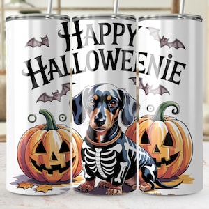 Halloweenie Tumbler Wrap, Dachshund Dog, Skeleton Tumbler PNG, Halloween Bats Sublimation Designs, Digital Download