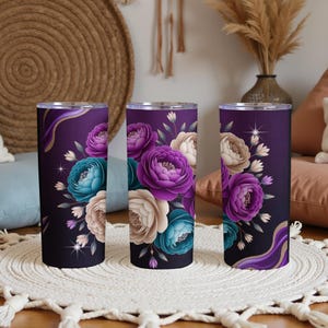 Floral Tumbler Wrap, Peony Flower Tumbler PNG, Purple Teal Sublimation Designs, Elegant Flower Tumbler Wrap, Digital Download