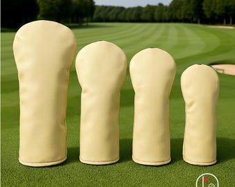Beige Faux Leather Golf Head Cover Set: Driver, Hybrid, Fairway Wood