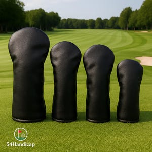 Set golfheadcovers – wit en zwart kunstleer | Houten hoezen voor driver, hybride en fairway | Unieke golfcadeaus voor mannen
