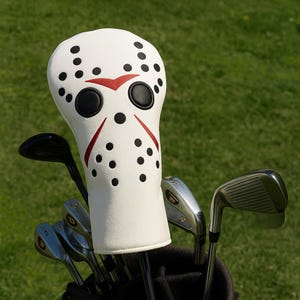 Ice Hockey Mask Golf Headcovers, Horror Movie Inspired Set, Black and White Faux Leather, Halloween, Driver, Fairway, Hybrid, Golf Gift