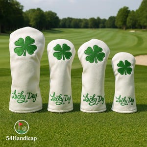 Lucky Day ゴルフ ヘッドカバー セット – ホワイトレザーとグリーンクローバー | ドライバー、フェアウェイ、ハイブリッド カバー | 男性向けのユニークなゴルフ ギフト