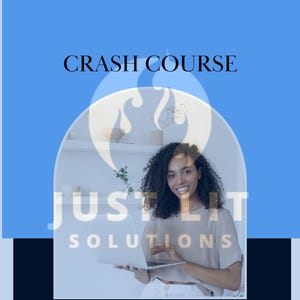 May include: A woman smiles while using a laptop computer. The text "JUSTLIT SOLUTIONS" is superimposed over the image. The text "CRASH COURSE" is at the top of the image. The text "FOR FREE & PRO USERS" is at the bottom of the image.