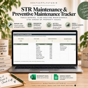 May include: A laptop displaying an STR Maintenance & Preventive Maintenance Tracker dashboard. The screen shows columns for property, spend, and maintenance categories. Surrounding items include a mug, stacked books, and a wooden house sign with text.