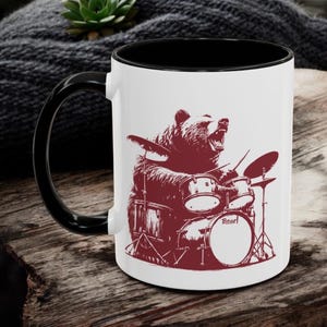 Drumming Bear Coffee Mug - Fun Gift for Musicians, Drummer Bear, Heavy Metal Bear